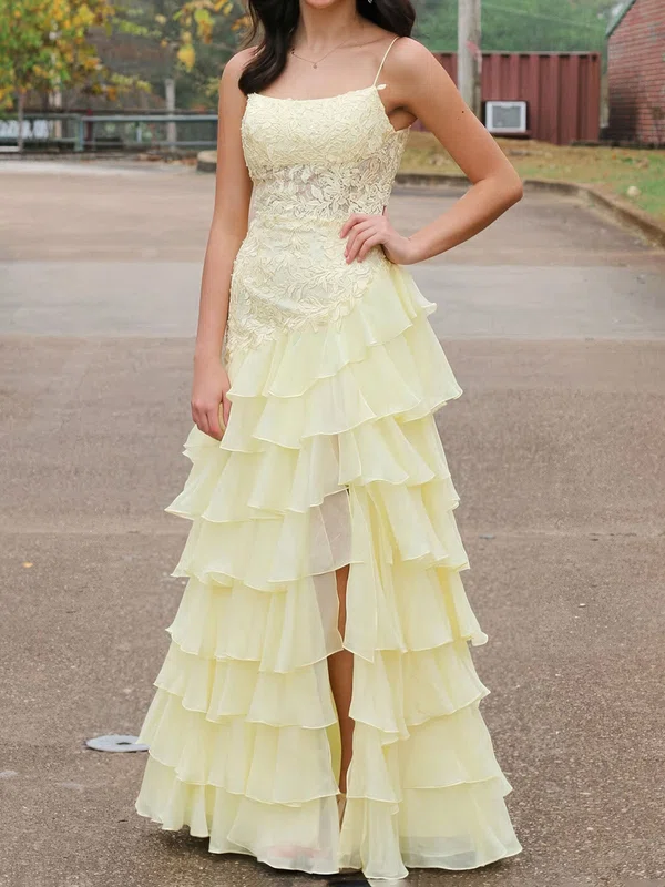 A-line Scoop Neck Chiffon Tiered Prom Dresses With Appliques #UKM020126415