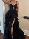 Ball Gown V-neck Tulle Tiered Prom Dresses With Appliques #UKM020126417