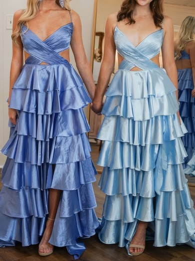 A-line V-neck Satin Ruffle Tiered Prom Dresses #UKM020126418