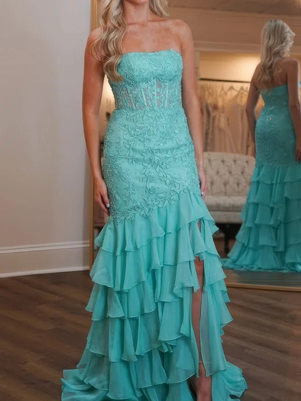 Mermaid Strapless Chiffon Tiered Prom Dresses With Appliques #UKM020126420