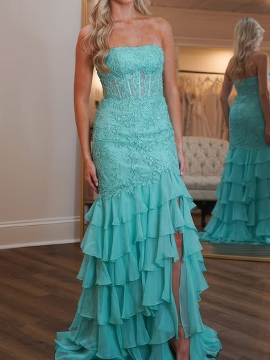 Mermaid Strapless Chiffon Tiered Prom Dresses With Appliques #UKM020126420