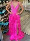A-line V-neck Satin Tiered Prom Dresses With Beading #UKM020126421
