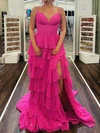 A-line V-neck Chiffon Ruffle Tiered Prom Dresses #UKM020126427