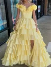 Ball Gown Off-the-shoulder Taffeta Ruffle Tiered Prom Dresses #UKM020126428