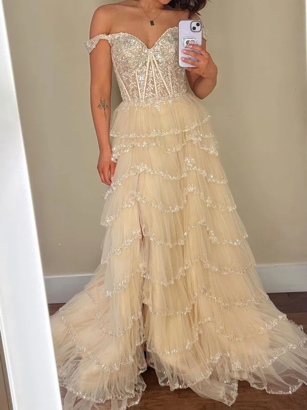 A-line Off-the-shoulder Tulle Tiered Prom Dresses With Appliques #UKM020126433
