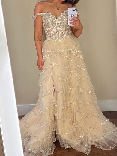 A-line Off-the-shoulder Tulle Tiered Prom Dresses With Appliques #UKM020126433