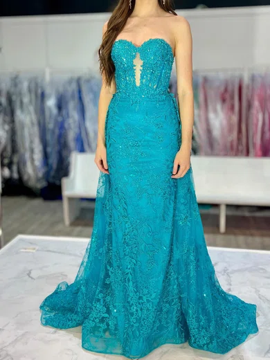 Sheath/Column Strapless Lace Prom Dresses With Appliques #UKM020126452