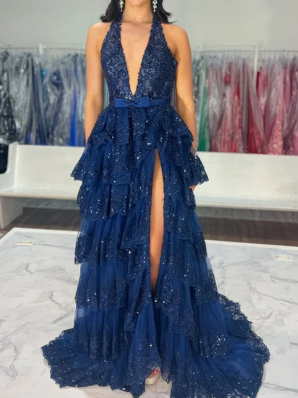 Ball Gown Halter Tulle Tiered Prom Dresses With Appliques #UKM020126457
