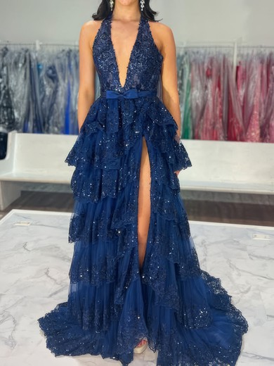Ball Gown Halter Tulle Tiered Prom Dresses With Appliques #UKM020126457