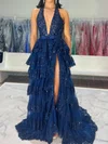 Ball Gown Halter Tulle Tiered Prom Dresses With Appliques #UKM020126457