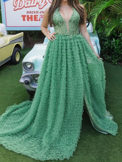Ball Gown Halter Tulle Ruffle Tiered Prom Dresses With Appliques #UKM020126459