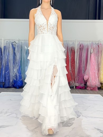 A-line Halter Chiffon Ruffle Tiered Prom Dresses With Appliques #UKM020126463