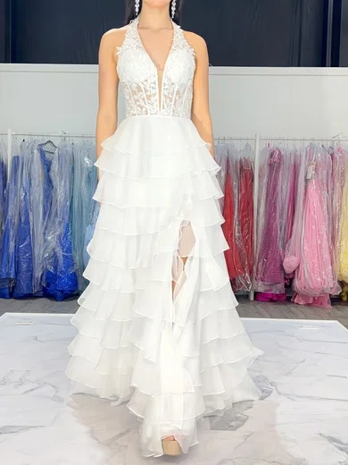 A-line Halter Chiffon Ruffle Tiered Prom Dresses With Appliques #UKM020126463