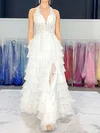 A-line Halter Chiffon Ruffle Tiered Prom Dresses With Appliques #UKM020126463
