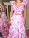 A-line V-neck Chiffon Floral Ruffle Tiered Prom Dresses #UKM020126477