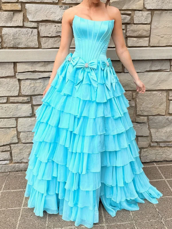 Ball Gown Strapless Satin Chiffon Ruffle Tiered Prom Dresses With Bow #UKM020126486