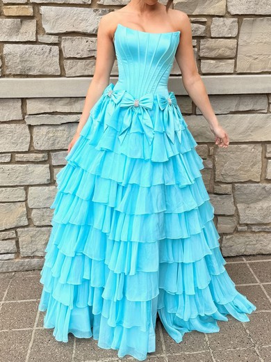 Ball Gown Strapless Satin Chiffon Ruffle Tiered Prom Dresses With Bow #UKM020126486