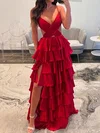 A-line V-neck Cut Out Satin Ruffle Tiered Prom Dresses #UKM020126487