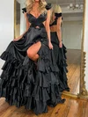 Unique Black Taffeta A-line Ruffle Tiered Prom Dresses #UKM020126490