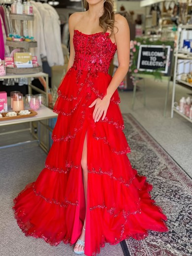 Ball Gown Strapless Tulle Tiered Prom Dresses With Appliques #UKM020126495