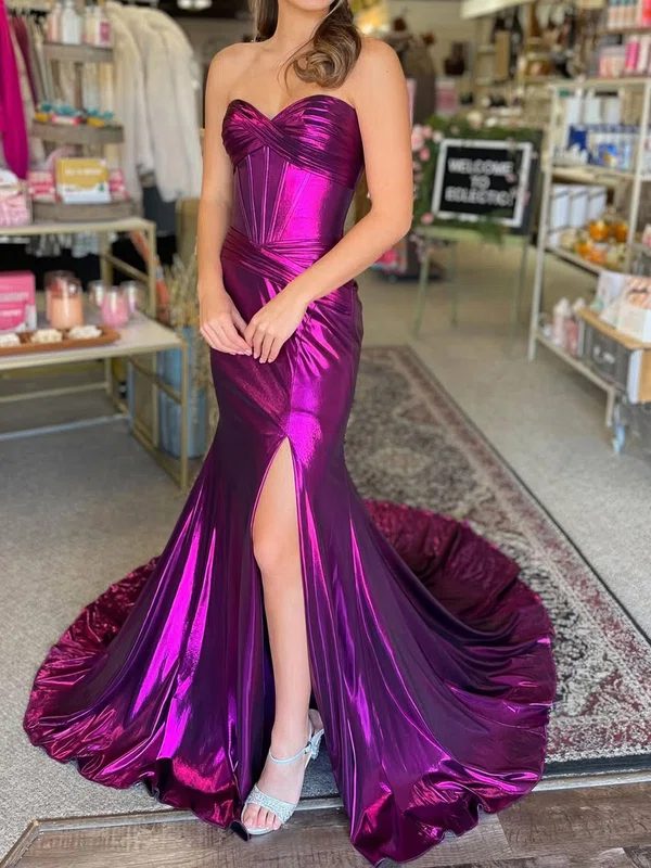 Sparkly Trumpet/Mermaid Metallic Sweetheart Split Prom Dresses #UKM020126496