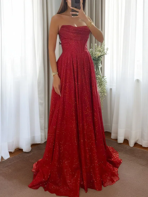 A-line Strapless Glitter Tulle Corset Prom Dresses with Ruched #UKM020126503