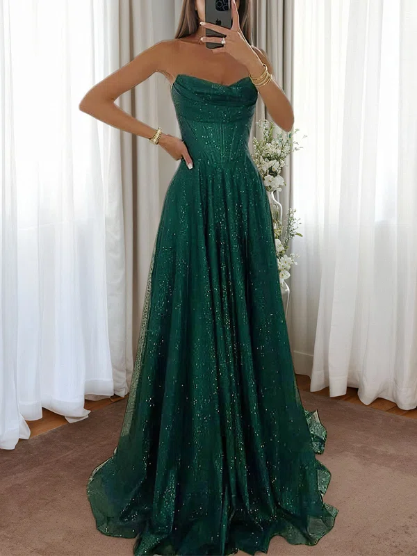 Sparkly A-line Strapless Tulle Corset Prom Dresses with Ruched #UKM020126504