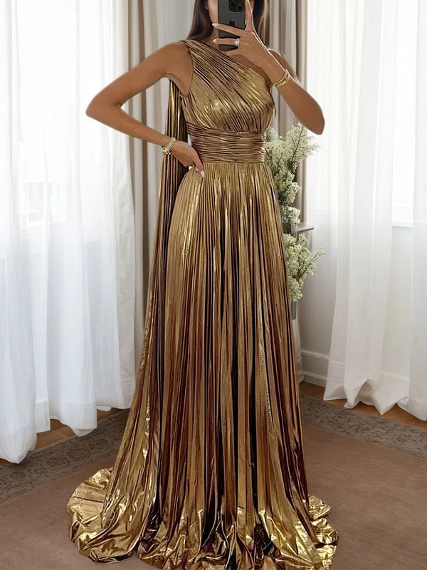 Sparkly A-line One-Shoulder Pleated Prom Dresses #UKM020126523