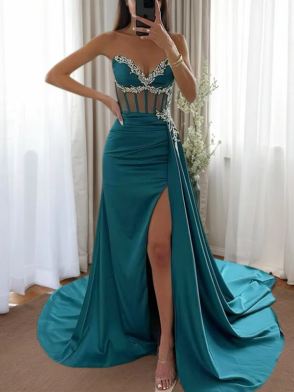 Mermaid Strapless Satin Corset Prom Dresses with Beading #UKM020126532