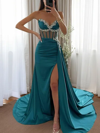 Mermaid Strapless Satin Corset Prom Dresses with Beading #UKM020126532