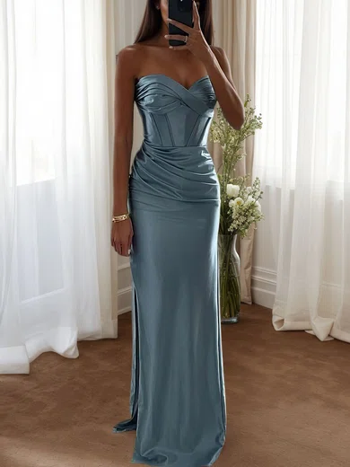 Fitted Sweetheart Satin Ruched Prom Dresses with Slit #UKM020126547