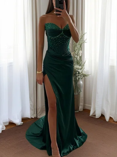 Mermaid Strapless Satin Corset Prom Dresses with Beading #UKM020126557