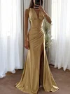 Mermaid Satin Ruched Halter Prom Dresses with Slit #UKM020126563