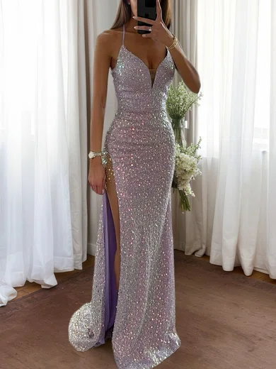 Sparkly V-neck Fitted Sequin Prom Dresses with Slit #UKM020126564