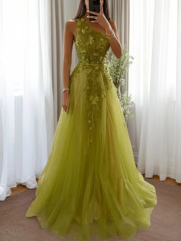 Princess One Shoulder Tulle Prom Dresses with Appliques #UKM020126569