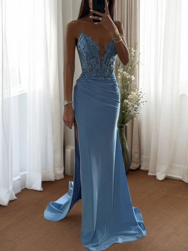 Mermaid V-neck Ruched Satin Prom Dresses with Appliques #UKM020126587