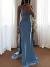 Mermaid V-neck Ruched Satin Prom Dresses with Appliques #UKM020126587