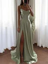 A-line Cowl Neck Satin Prom Dresses with Slit #UKM020126588