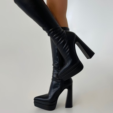 Black Chunky Heel Knee High Boots #UKM03031559