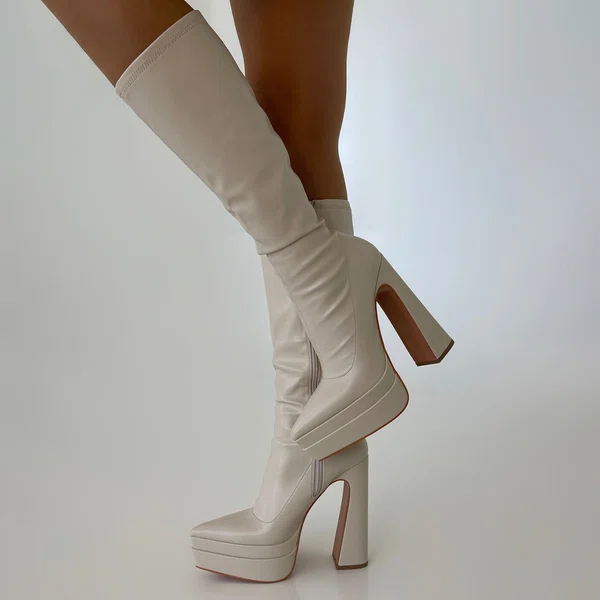 Cream Chunky Heel Knee High Boots #UKM03031560