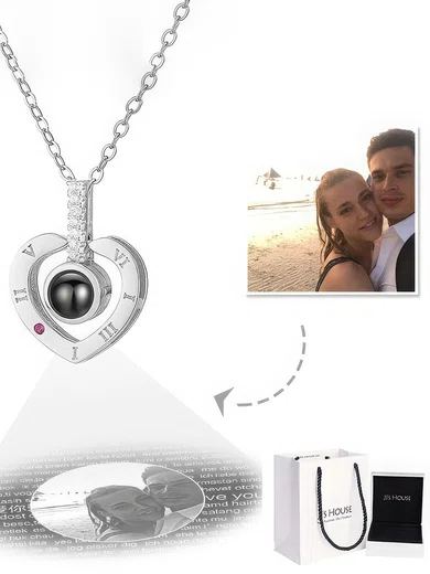 Custom Sterling Silver Birthstone Heart Photo Necklace With Cubic Zirconia #UKM03060231