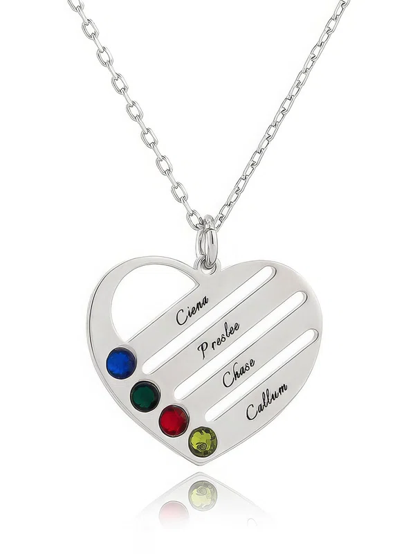 Custom Silver Engraving/Engraved Four Birthstone Necklace Family Necklace With Heart - Birthday Gifts Mother's Day Gifts (288229460) #UKM03060233