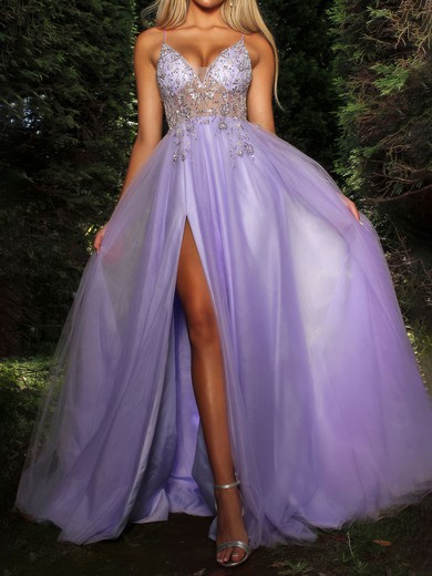 Ball Gown V-neck Tulle Prom Dresses With Beading #UKM020126594