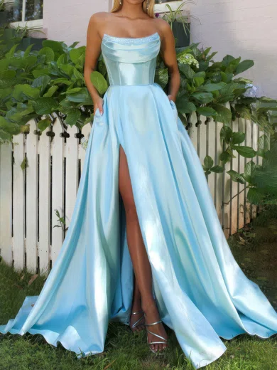 Ball Gown Strapless Satin Corset Prom Dresses With Ruched #UKM020126603