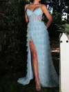 A-line V-neck Tulle Ruffle Tiered Prom Dresses #UKM020126606