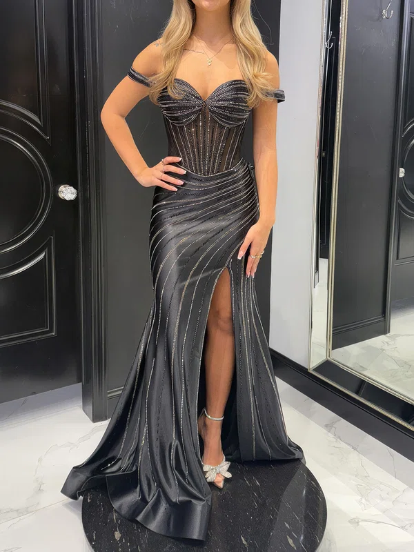 Black Mermaid Off-the-shoulder Satin Beaded Prom Dresses #UKM020126633