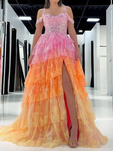 Ball Gown Sweetheart Lace Tiered Prom Dresses With Appliques #UKM020126640