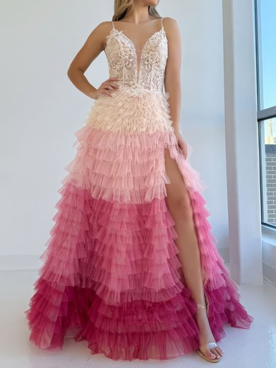 Ball Gown V-neck Tulle Ruffle Tiered Prom Dresses With Appliques #UKM020126662
