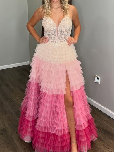 Ball Gown V-neck Tulle Ruffle Tiered Prom Dresses With Appliques #UKM020126664