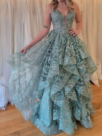 Princess V-neck Lace Ruffle Prom Dresses With Appliques #UKM020126669